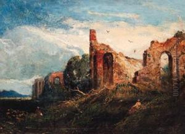 Figures Resting By Ruins, Possibly In The Campagna Oil Painting by William Linton