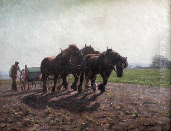 Farmer And Three Heavy Horses Pulling A Seed Drill Oil Painting by William Evans Linton