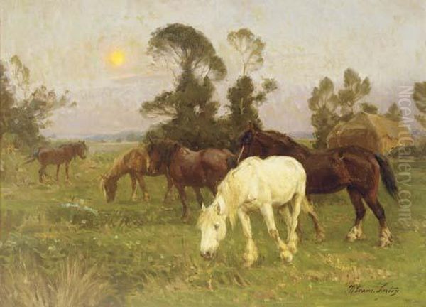 Horses In A Pasture At Dawn Oil Painting by William Evans Linton