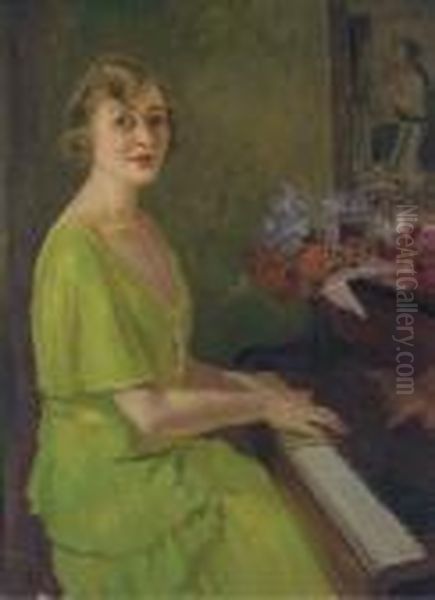 A Lady In A Green Dress Playing The Piano by Edward Barnard Lintott