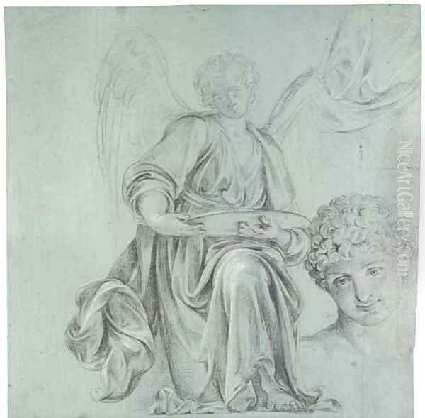 A kneeling angel presenting a salver, with subsidiary studies of his head and drapery Oil Painting by Antonio Cavallucci