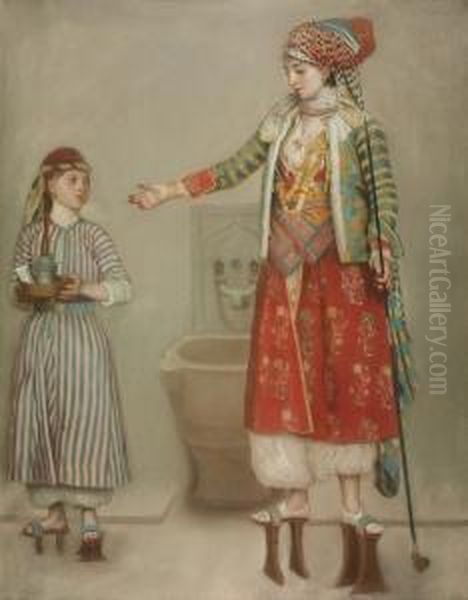 A Lady In Turkish Costume With Her Servant At The Hammam Oil Painting by Etienne Liotard