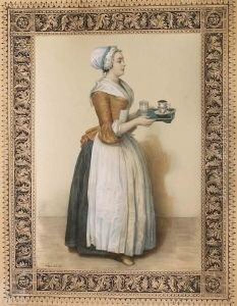 La Belle Chocolatiere De Vienne.
 Farblithographie Auf Karton, Nach Dem Pastell Von Liotard, 
Gemaldegalerie Dresden. 43,5 X 30,5 Cm. Lemercier, Paris. In Berliner 
Leiste Gerahmt. Etwas Gebraunt. Oil Painting by Etienne Liotard