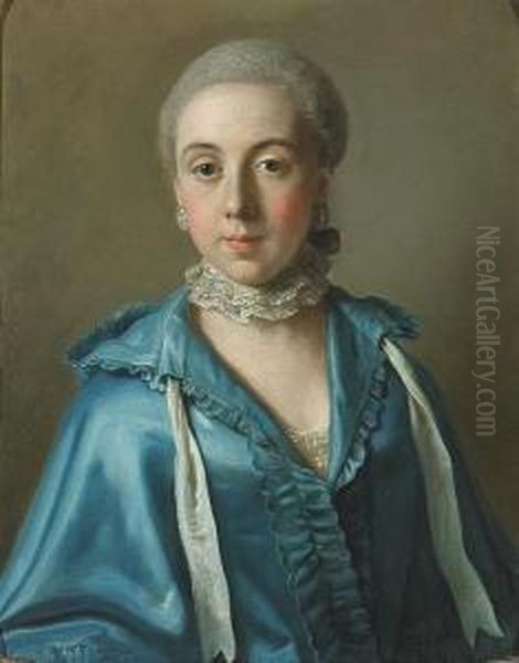 A Portrait Of A Lady With A Blue Dress And Lace Collar Oil Painting by Etienne Liotard