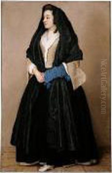 Portrait Of An Elegant Woman Wearing A Black Shawl Oil Painting by Etienne Liotard