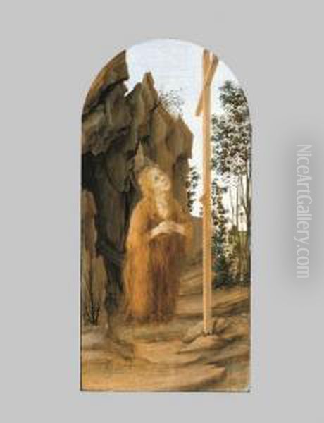 The Penitent Mary Magdalen Adoring The True Cross In A Rockylandscape Oil Painting by Filippino Lippi