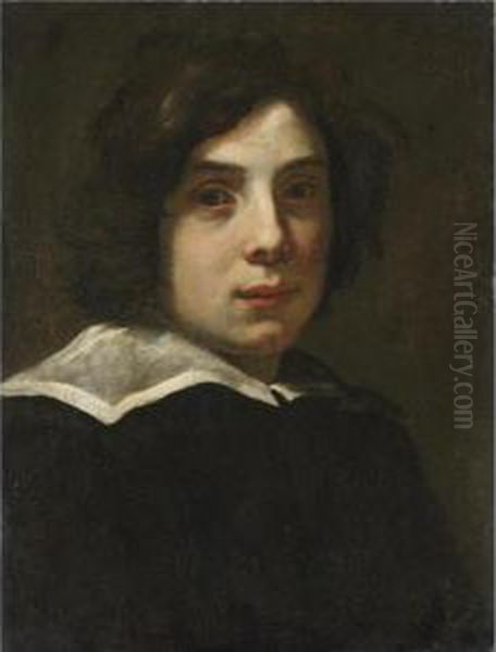 Portrait Of A Young Man, Head And Shoulders, Wearing Black With A White Collar Oil Painting by Lorenzo Lippi