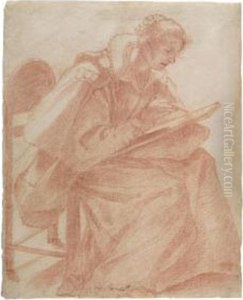 A Lady Seated, Sketching Oil Painting by Lorenzo Lippi