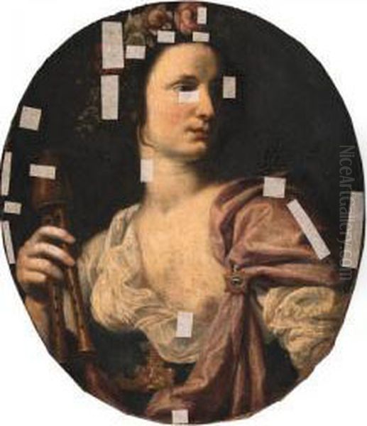 The Muse Euterpe, Bust-length, Holding A Double Clarinet Oil Painting by Lorenzo Lippi