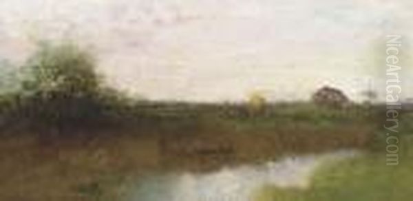 River Landscape With A Barn Oil Painting by William Lippincott