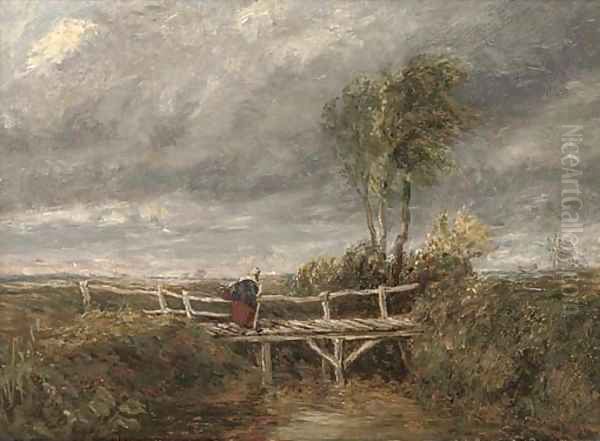 A woman crossing a wooden bridge in a stormy landscape Oil Painting by David Cox