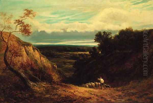 An extensive wooded landscape with a shepherd and flock Oil Painting by David Cox