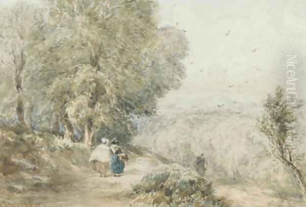 Figures on a rural track Oil Painting by David Cox