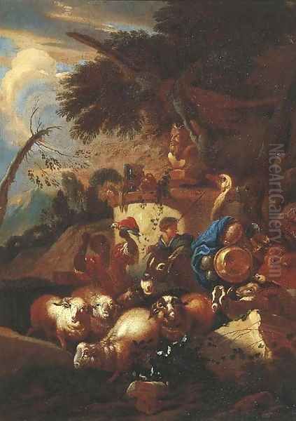 A muleteer with sheep, goats, a cow, an ostrich and a camel by a statue of Pan in an Italianate landscape Oil Painting by Giovanni Battista Castiglione