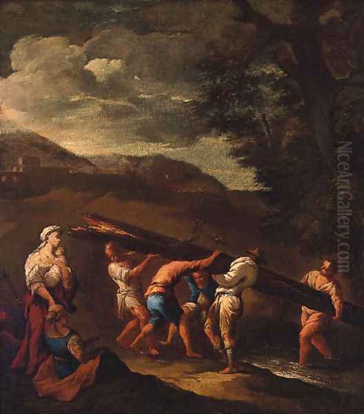 Peasants carrying a fallen tree across a stream in a landscape Oil Painting by Giuseppe Maria Crespi