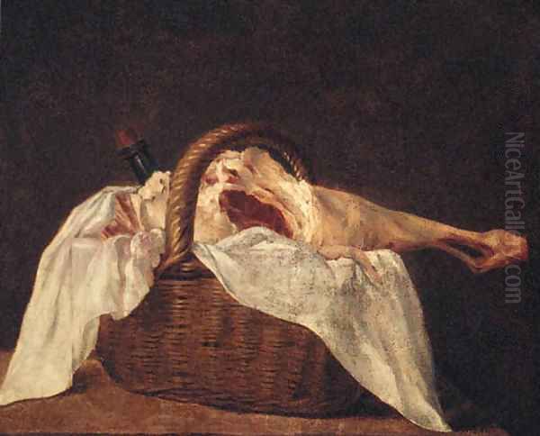 A leg of lamb and a wine bottle in a basket on a ledge Oil Painting by Jean-Baptiste-Simeon Chardin