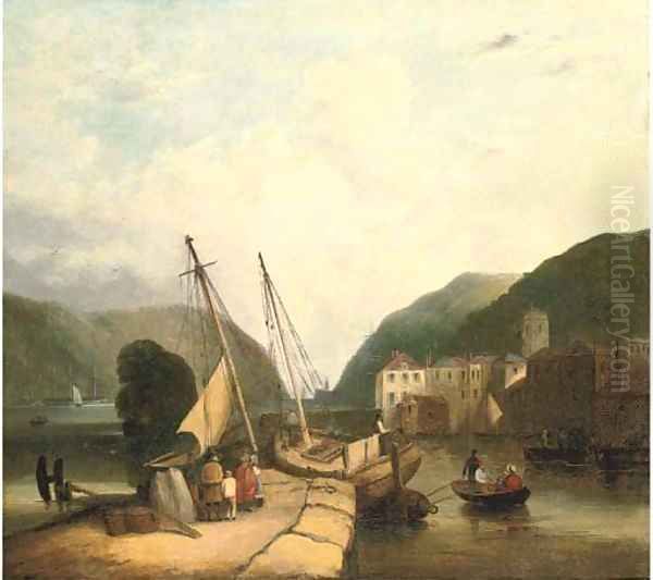 Figures in a harbour, loading supplies Oil Painting by John Sell Cotman