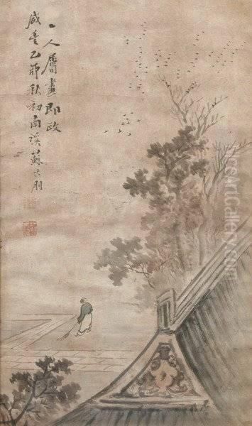 Pagoda Roof Under Trees And Flying Birds Oil Painting by Su Liupeng