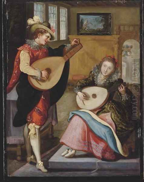 A couple playing the lute in an elegant interior Oil Painting by Louis de Caullery