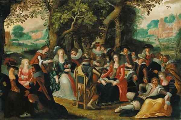 Elegant company feasting in a forest, a clearing beyond Oil Painting by Louis de Caullery