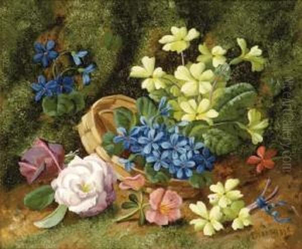 Flowers In A Basket On A Mossy Bank Oil Painting by Horace Mann Livens