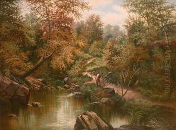 Wooded River Landscape With Woodcutter In The Foreground by Horace Mann Livens