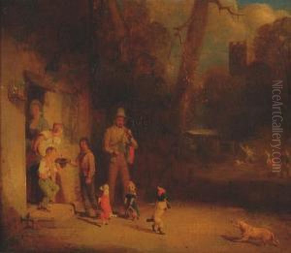 Performing Dogs Outside A Family Home Oil Painting by Henry Liverseege