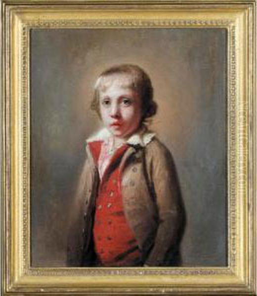 Portrait Of A Boy, Half Length, 
Wearing A Brown Coat, Scarlet Waistcoat And A White Shirt Oil Painting by Richard Livesay