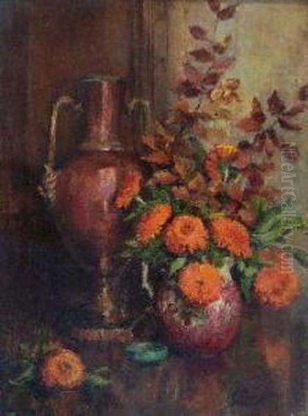 Still Life Of Flowers And Brass Vase by Nan C. Livingstone