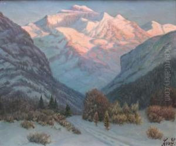 Montagne Enneigee A La Tombee De Nuit Oil Painting by Piotr Ivanovitch Livoff