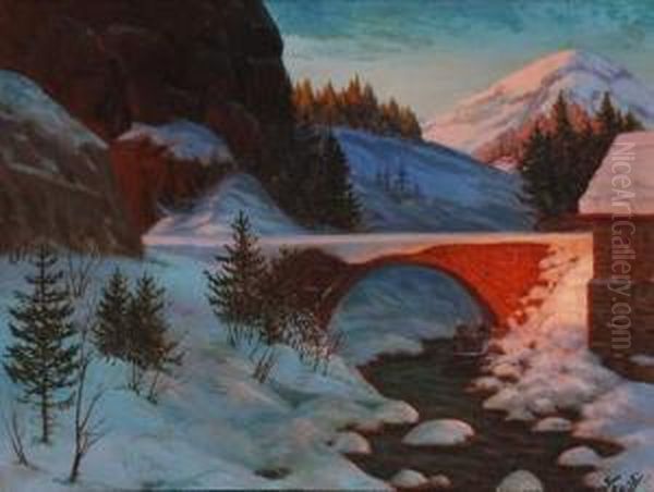 Pont Enneige Oil Painting by Piotr Ivanovitch Livoff