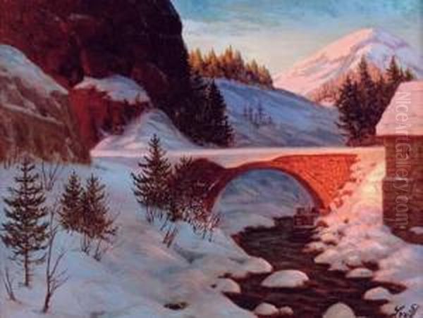 Le Pont Enneige Oil Painting by Piotr Ivanovitch Livoff