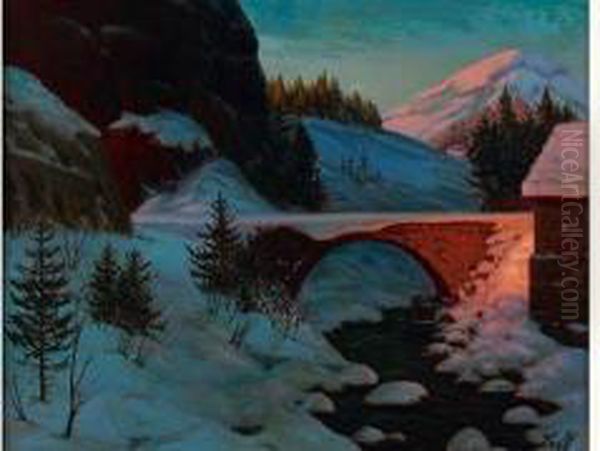 Pont Enneige Oil Painting by Piotr Ivanovitch Livoff