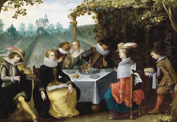 An elegant company dining in a garden Oil Painting by Louis de Caullery