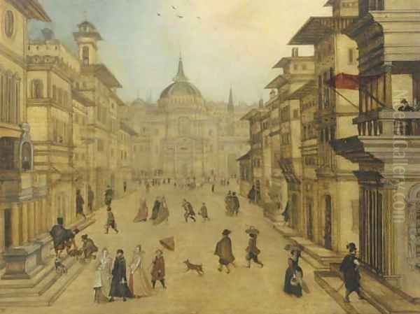 Elegant figures strolling in a Renaissance town Oil Painting by Louis de Caullery