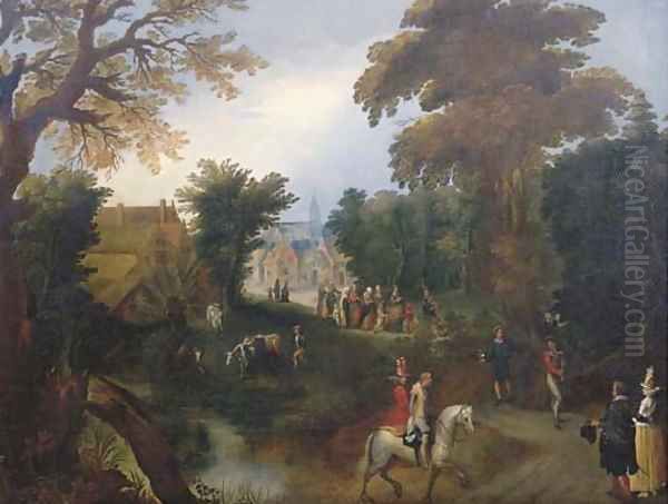 A wooded landscape with elegant company on a path, the Procession of the Bride in a village beyond Oil Painting by Louis de Caullery