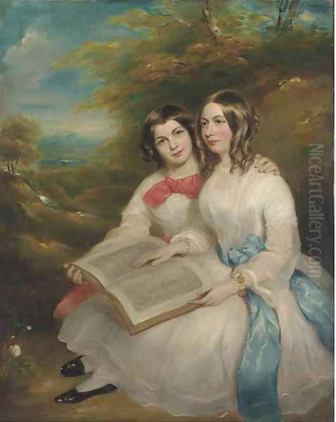 Portrait of Rebecca and Gertrude Bates Oil Painting by Marshall Claxton