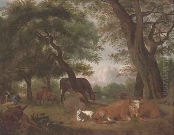 A wooded clearing with a shepherd and cattle resting Oil Painting by Michael Carree