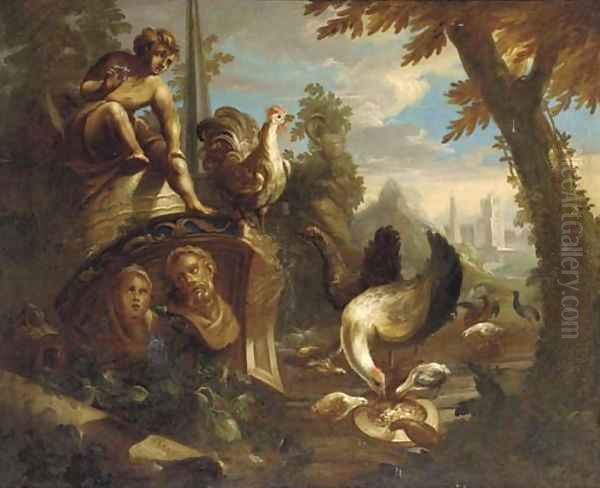 Poultry and other birds feeding amongst classical ruins Oil Painting by Nicolo Casissa