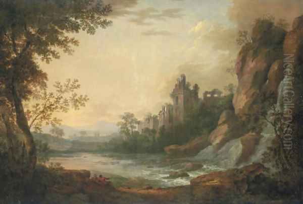 A river landscape with travellers resting on a path, a ruined castle beyond Oil Painting by Robert Carver