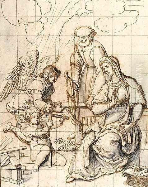 The Holy Family In The Carpenter'S Shop Attended By An Angel Oil Painting by Sigismondo Coccapani