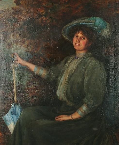 Portrait Of A Lady, Seated, Wearing A Blue Hat And Dress And Holding A Blue Parasol Oil Painting by William Samuel Henry Llewellyn