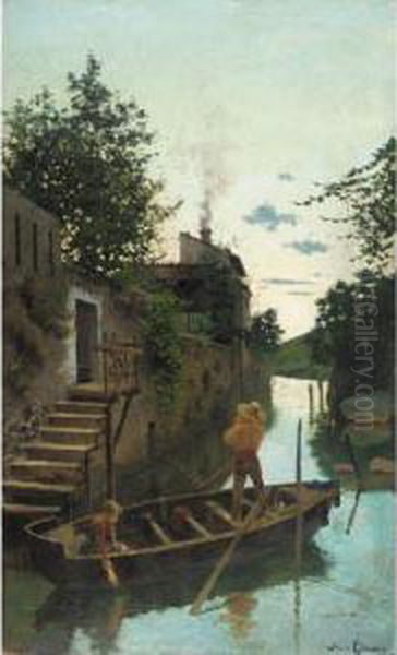 Atardecer En El Canal (evening On The Canal) Oil Painting by Joan Llimona