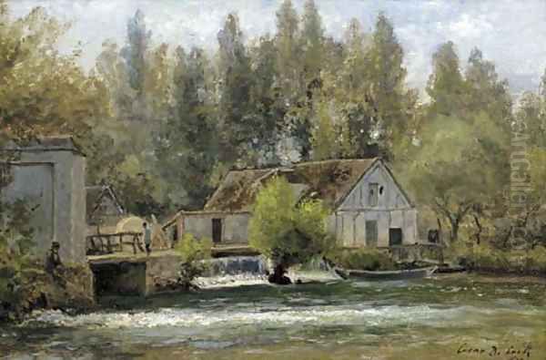 Souvenir de Gasny, Eure fishermen by a watermill Oil Painting by Cesar De Cock