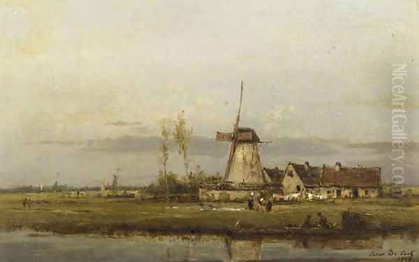 Washerwomen at work by a windmill Oil Painting by Cesar De Cock