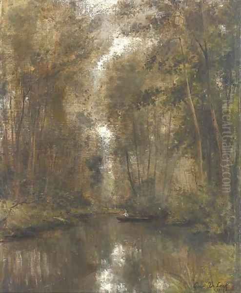 Fishing in the woods Oil Painting by Cesar De Cock