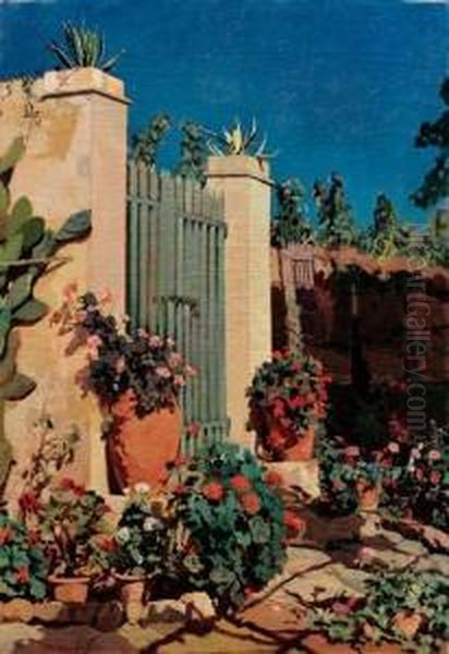 Il Giardino Dei Melograni O Due Orci E Cancello Verde - 1938 Oil Painting by Llewelyn Lloyd