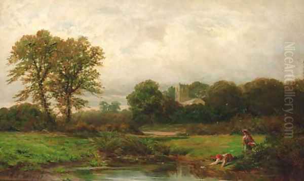 Children playing by a pond Oil Painting by Henry Hadfield Cubley