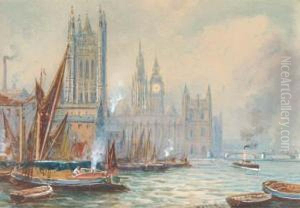 Barges Before The Houses Of Parliament Oil Painting by Robert Malcolm Lloyd