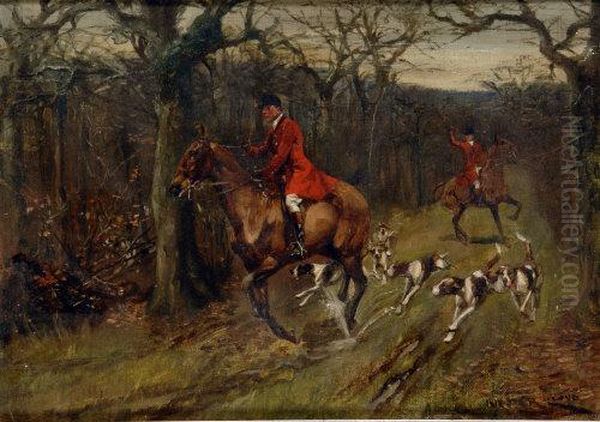 On The Scent, Huntsmen And Hounds On A Woodland Path Oil Painting by Thomas Ivester Lloyd